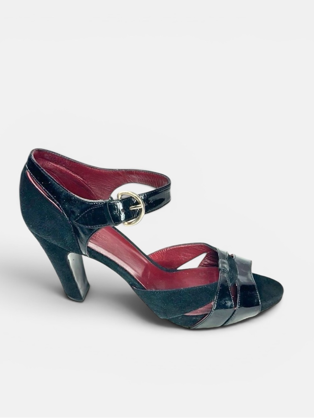 MaxMara Black Heels Suede Patent Leather Peep Toe Mary Jane Italy 40 US 10